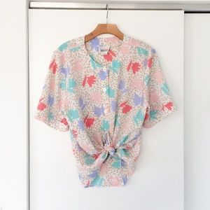 Vtg 80s Pop Art Floral Dots Button Down Shirt Top